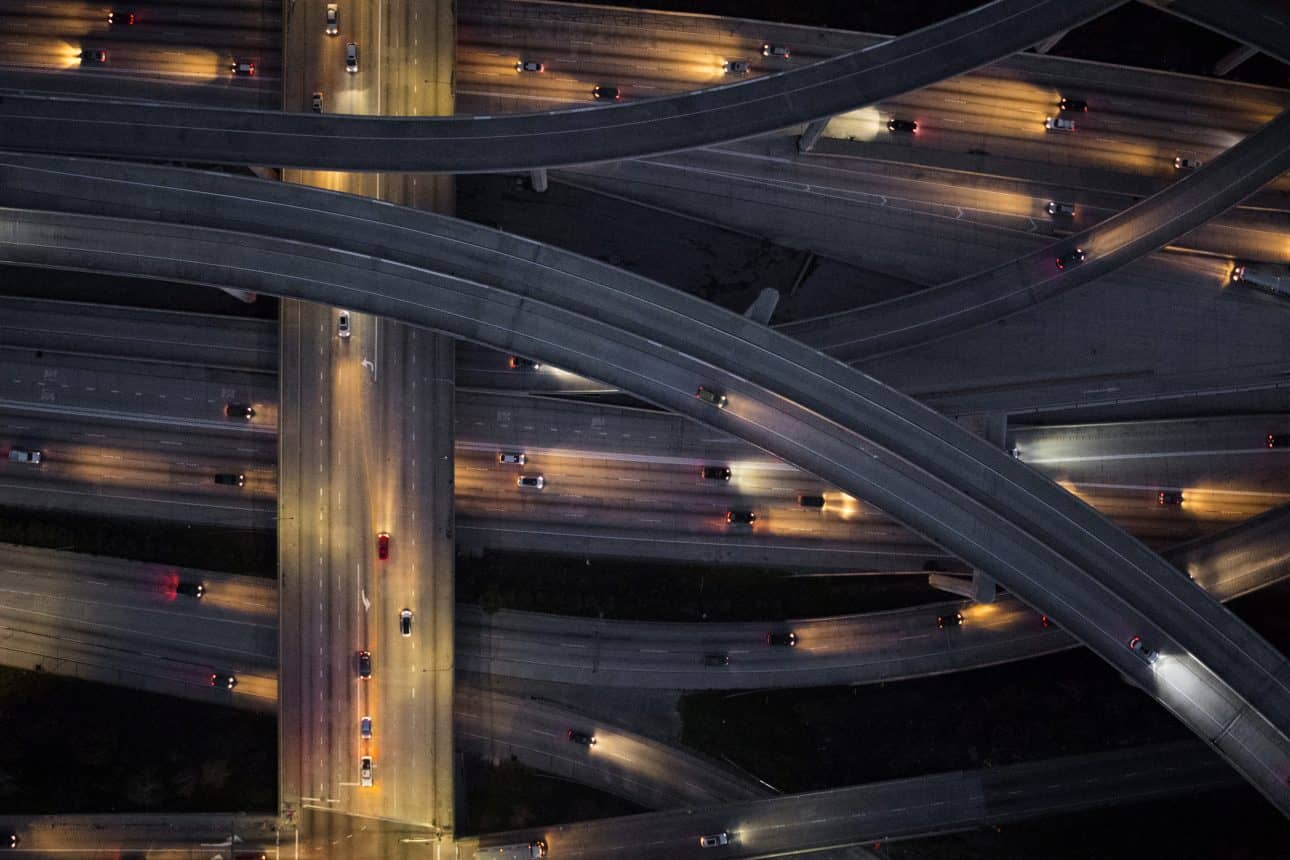 Aerial view of Los Angeles arterial roads at twilight time