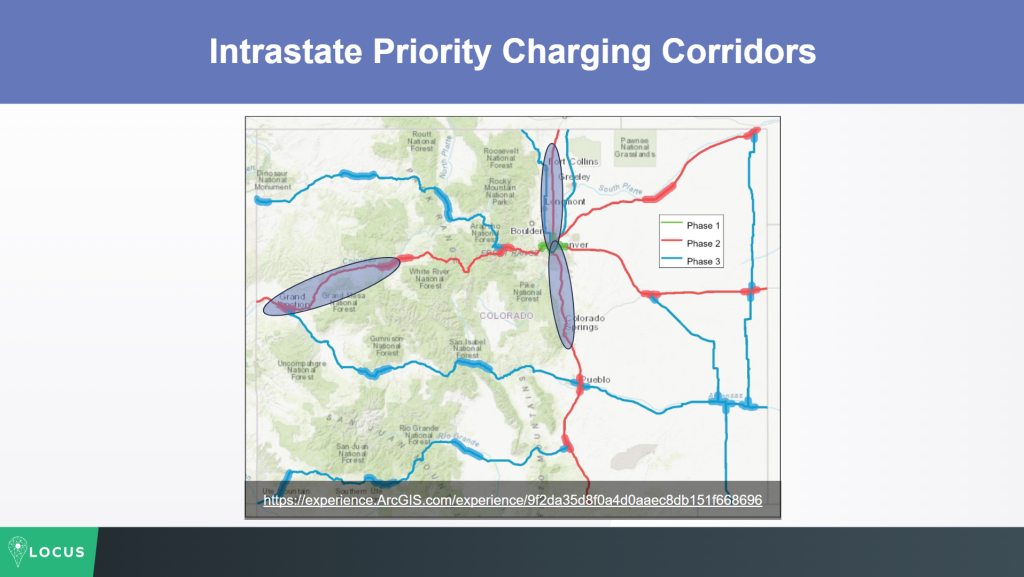 Colorado map with highlighted zones recommended for EV charging infrastructure