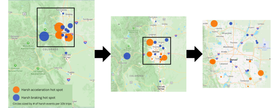 map of Colorado with harsh braking events highlighted
