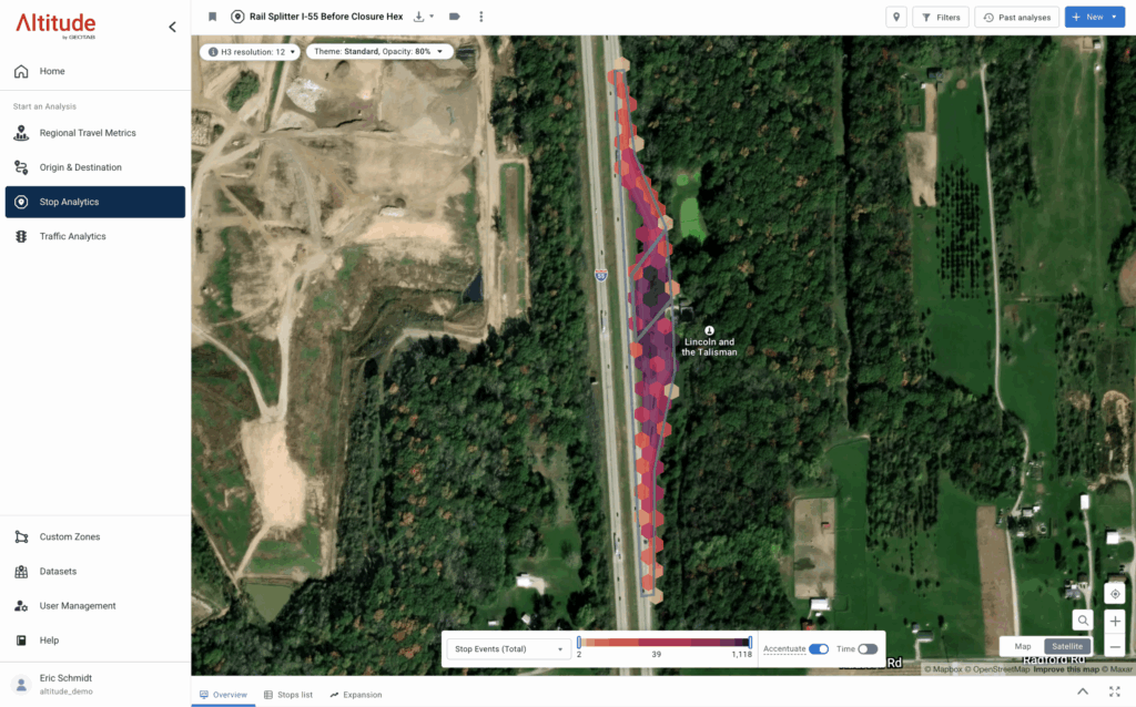 screenshot of Altitude by Geotab analysis of commercial traffic stop clustering