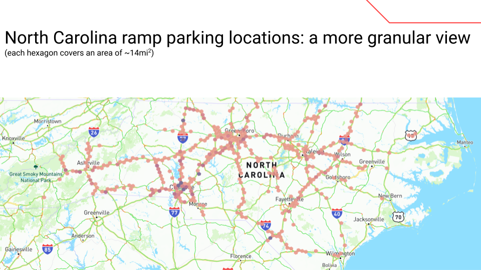 Map of North Carolina highway corridors showing concentrations of long-duration heavy-duty truck ramp parking events, November 2024 to October 2025