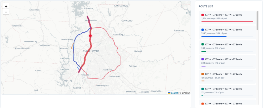 map showing commercial traffic volume on I-77 toll road in North Carolina