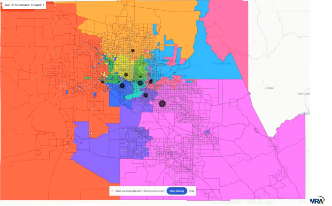 Arizona map showing last-mile delivery locations with their delivery zones marked in colors