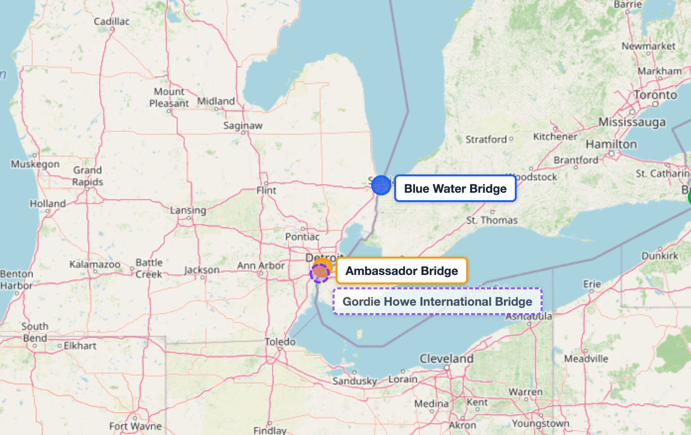 map of the US-Canada border showing locations of the Ambassador and Blue Water bridges.