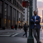 Freight planner standing in a busy city with vehicles driving by