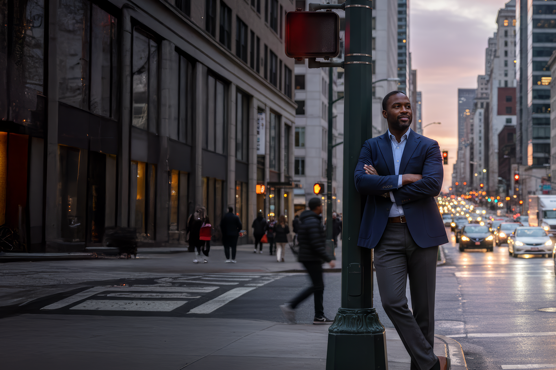 Freight planner standing in a busy city with vehicles driving by