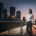 A woman standing on a highway overpass with traffic moving quickly below her on the highway