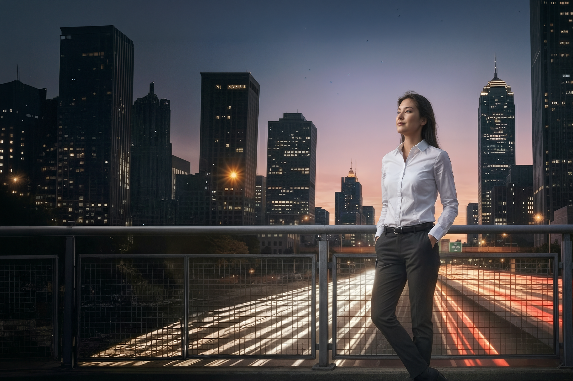 A woman standing on a highway overpass with traffic moving quickly below her on the highway