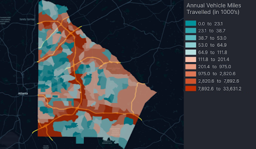heat map of vehicle miles traveled (VMT) data in Georgia