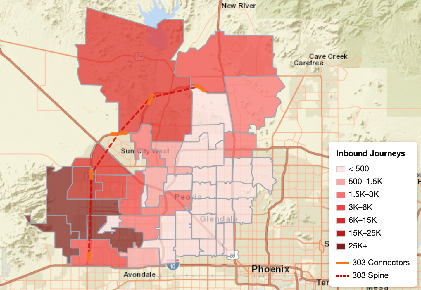 color coded map of the Phoenix area showing truck destinations by ZIP code